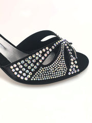 Carica immagine nella Galleria, Deluxe Butterfly (L2) - Scarpa da Ballo in Raso Seta Nera con Swarovski Boreali e Tacco a Stiletto Squadrato Smaltato Nero
