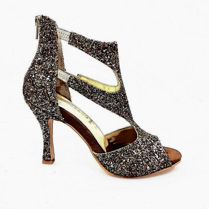Sandalo da donna Nina Kristall di Wish Dance Shop con cristalli carbon, fodera in pelle, tacco squadrato sottile e dettaglio rocchettino
