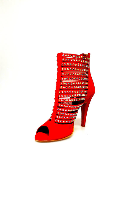 Sandalo donna Elizabeth Plus Wish Dance Shop in camoscio beige e rosso con zip e dettagli Swarovski boreali.