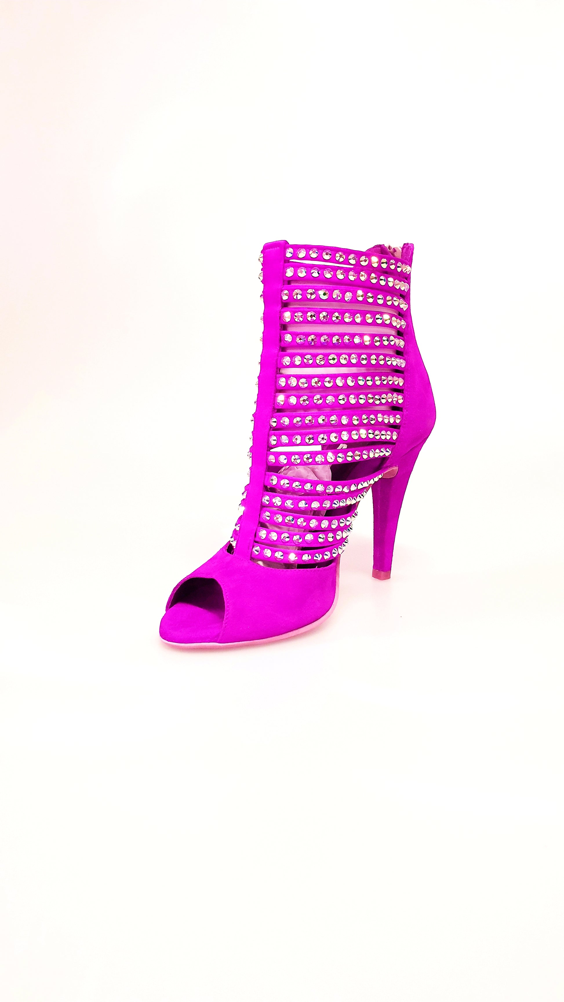 Sandalo donna Elizabeth Plus in camoscio fuxia con Swarovski Boreali, tronchetto elegante e alla moda.