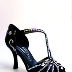 Load image into Gallery viewer, Infinity Plus (BI-Flex) - Woman&#39;s Shoe in Black Silk Satin with Swarovski Papal Stick Design and Extraflex Competition Bottom
