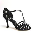 Load image into Gallery viewer, Infinity Plus (BI-Flex) - Woman&#39;s Shoe in Black Silk Satin with Swarovski Papal Stick Design and Extraflex Competition Bottom
