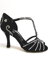 Load image into Gallery viewer, Infinity Plus (BI-Flex) - Woman&#39;s Shoe in Black Silk Satin with Swarovski Papal Stick Design and Extraflex Competition Bottom
