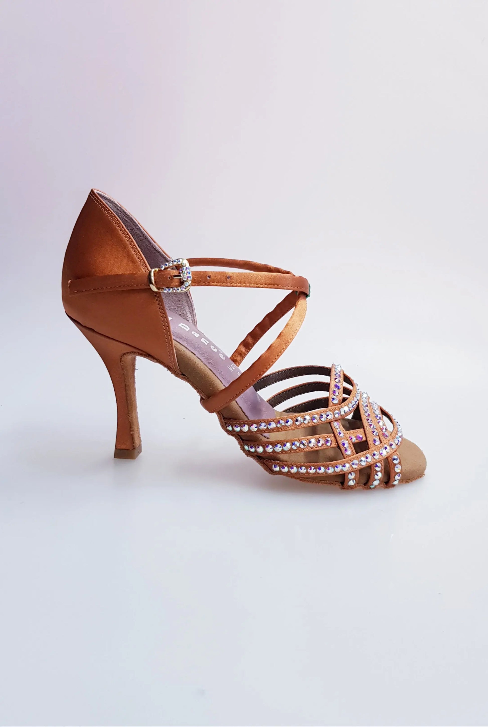 Scarpa da donna Wish Dance Shop Onda QC Marylu in raso di seta bronzo, cinturino incrociato, tacco a rocchetto e dettagli Swarovski.