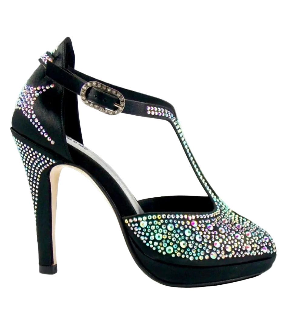 Sandalo donna Wish Dance Shop Miriam Temptation Plus in raso nero con Swarovski, tacco alto e plateau, elegante e sofisticato