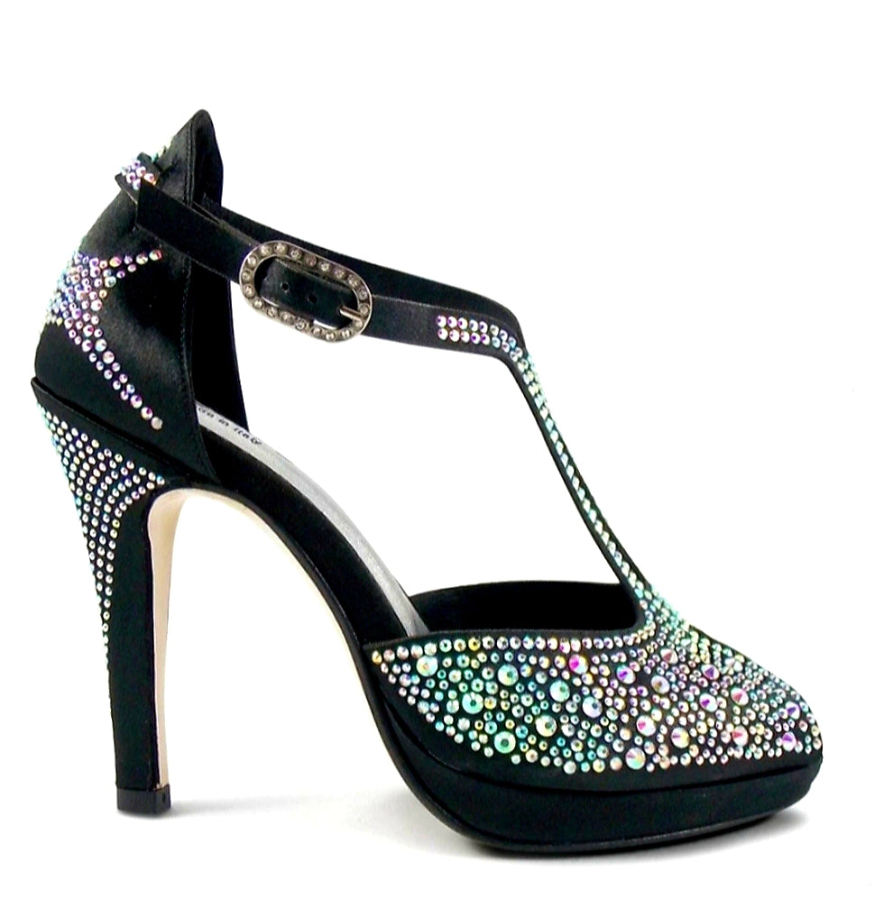 Scarpa donna Miriam Temptation Plus Wish Dance Shop in raso nero con Swarovski, tacco alto e plateau, elegante e sofisticata