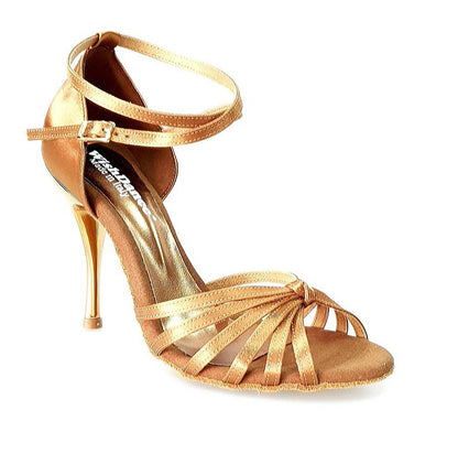 Scarpa da ballo donna Pepa Wish Dance Shop con tacco a stiletto, nodino in raso seta bronzo e fasce in camoscio dorato.