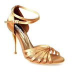 Load image into Gallery viewer, Pepa (210 / 7L) - Basic Ladies Dance Shoe with Knot in Satin Silk Bronze Stiletto Heel Laminated Gold Copper with 7 Straps Covered in Suede
