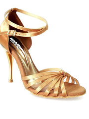 Carica immagine nella Galleria, Pepa (210/7L) - Scarpa da Ballo Basica da Donna con Nodino in Raso Seta Bronzo Tacco a Stiletto Laminato Oro Ramato con 7 Fascette Rivestite in Camoscio
