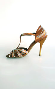 Superb (L1) - Ballroom Shoe in Bronze Silk Satin with Swarovski and Copper Gold Laminated Stiletto Heel