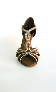 Superb (L1) - Ballroom Shoe in Bronze Silk Satin with Swarovski and Copper Gold Laminated Stiletto Heel