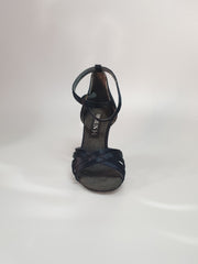 Load image into Gallery viewer, 314H - Black Satin Shoe Without Net with Stripes and Rock Heel
