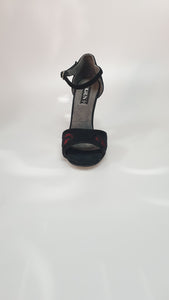 611H - Woman's Sandal in Black Suede and Black Lace Red Background