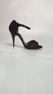 611H - Woman's Sandal in Black Suede and Black Lace Red Background