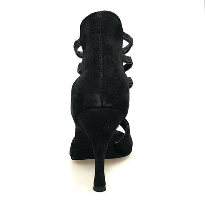 Sandalo da donna Carina Barbossa Pirata Wish Dance Shop in camoscio nero con borchiette oro, tacco a spillo rivestito in camoscio nero