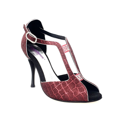 Scarpa da donna Wishdance Fascino 401 in Sunset rosso con dettagli in lurex argento e tacco a spillo smaltato nero