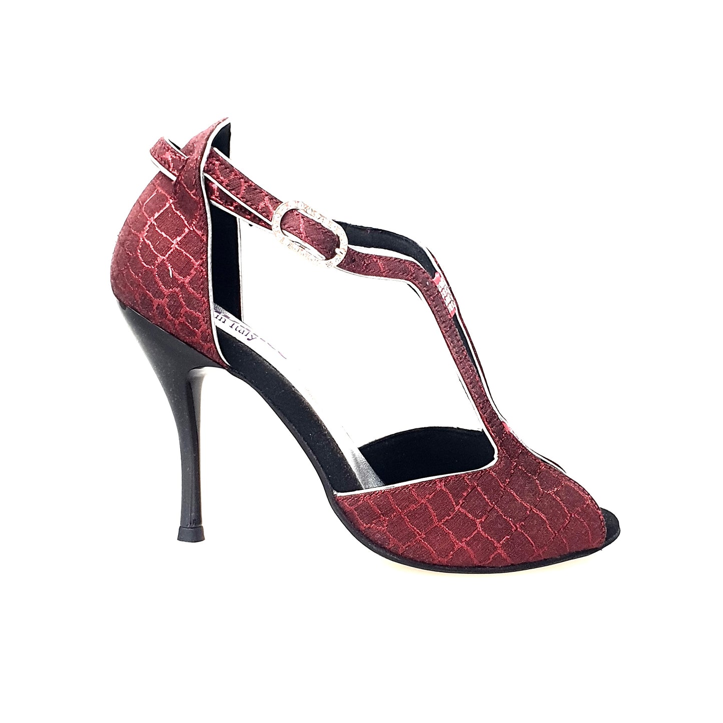 Scarpa da donna Wishdance Fascino 401 in sunset rosso con dettagli in lurex argento e tacco a spillo smaltato nero