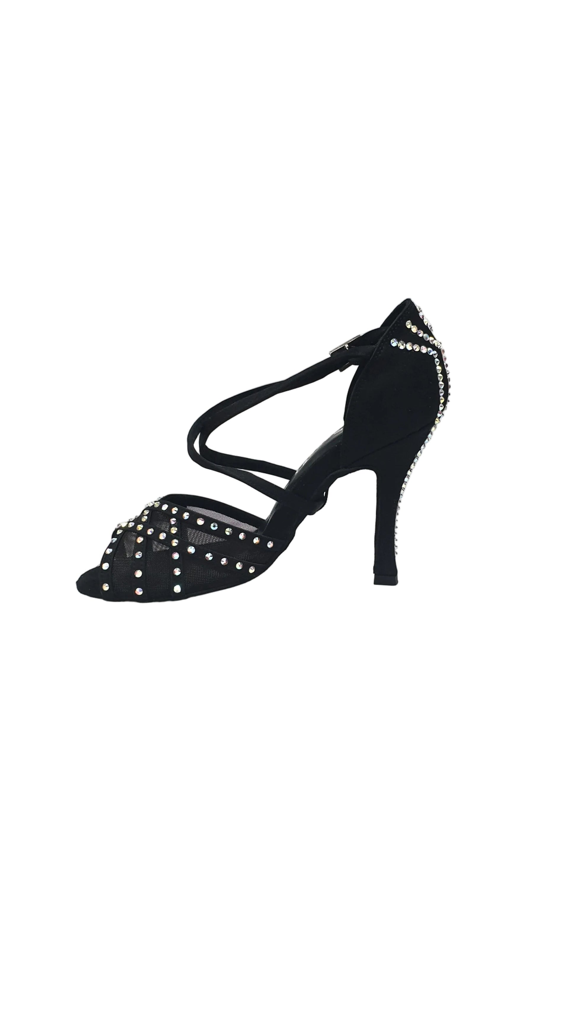Scarpa da donna Wish Dance Shop Eveline QC con retina in raso seta nera, cinturini incrociati e Swarovski Boreali Fantasy