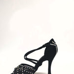 Load image into Gallery viewer, Eveline QC (1538QC) SW - Ladies Dance Shoes With Net in Black Silk Satin With crossed straps on the instep and Swarovski Boreal Fantasy Design
