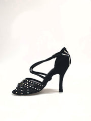 Carica immagine nella Galleria, Eveline QC (1538QC) SW - Scarpa Ballo Da Donna Con Retina in Raso Seta Nera Con cinturini incrociati sul collopiede  e Swarovski Boreali Disegno Fantasy
