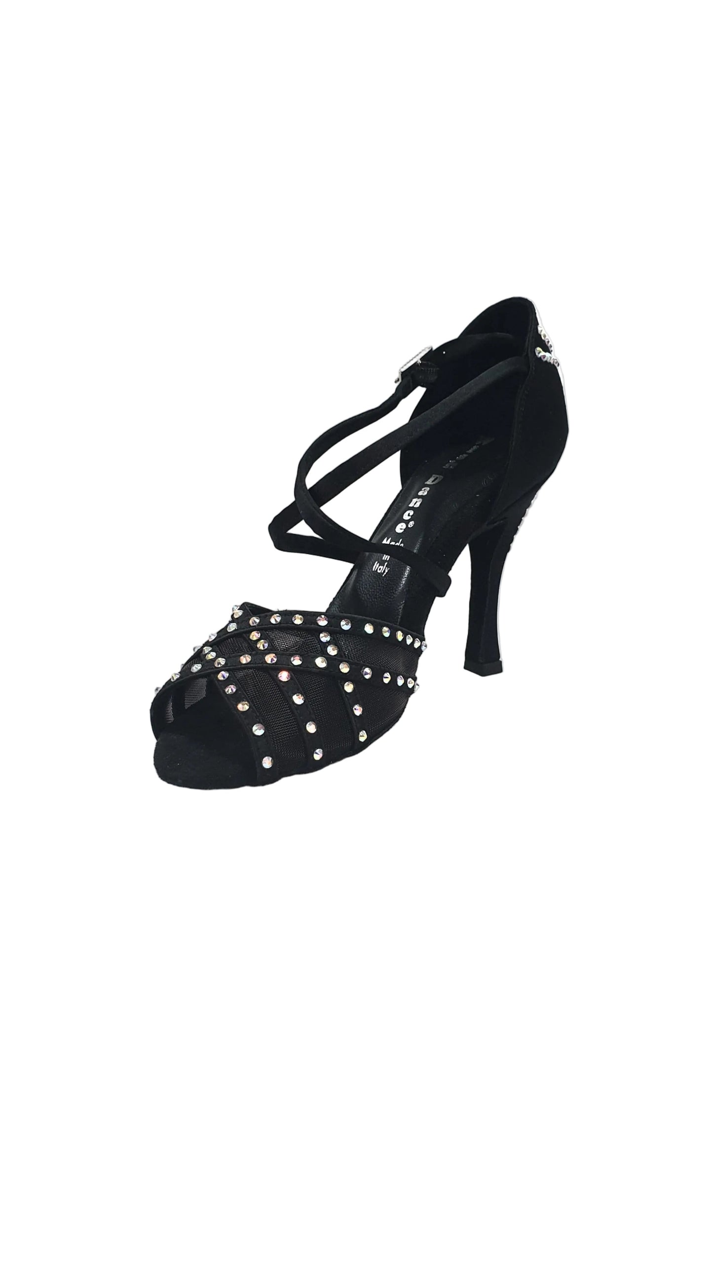 Scarpa da donna Wish Dance Shop Eveline QC con retina in raso seta nera, cinturini incrociati e dettagli Swarovski fantasy