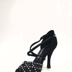 Load image into Gallery viewer, Eveline QC (1538QC) SW - Ladies Dance Shoes With Net in Black Silk Satin With crossed straps on the instep and Swarovski Boreal Fantasy Design
