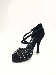 Carica immagine nella Galleria, Eveline QC (1538QC) SW - Scarpa Ballo Da Donna Con Retina in Raso Seta Nera Con cinturini incrociati sul collopiede  e Swarovski Boreali Disegno Fantasy
