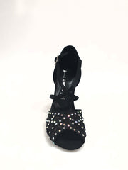 Carica immagine nella Galleria, Eveline QC (1538QC) SW - Scarpa Ballo Da Donna Con Retina in Raso Seta Nera Con cinturini incrociati sul collopiede  e Swarovski Boreali Disegno Fantasy
