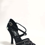 Load image into Gallery viewer, Eveline QC (1538QC) SW - Ladies Dance Shoes With Net in Black Silk Satin With crossed straps on the instep and Swarovski Boreal Fantasy Design
