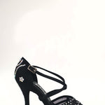 Load image into Gallery viewer, Eveline QC (1538QC) SW - Ladies Dance Shoes With Net in Black Silk Satin With crossed straps on the instep and Swarovski Boreal Fantasy Design
