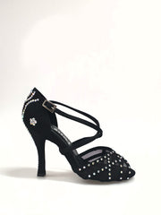 Carica immagine nella Galleria, Eveline QC (1538QC) SW - Scarpa Ballo Da Donna Con Retina in Raso Seta Nera Con cinturini incrociati sul collopiede  e Swarovski Boreali Disegno Fantasy
