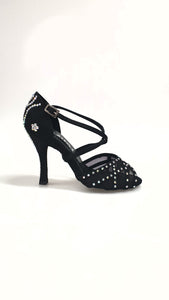 Eveline QC (1538QC) SW - Ladies Dance Shoes With Net in Black Silk Satin With crossed straps on the instep and Swarovski Boreal Fantasy Design