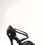 Load image into Gallery viewer, Eveline QC (1538QC) SW - Ladies Dance Shoes With Net in Black Silk Satin With crossed straps on the instep and Swarovski Boreal Fantasy Design
