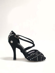 Carica immagine nella Galleria, Eveline QC (1538QC) SW - Scarpa Ballo Da Donna Con Retina in Raso Seta Nera Con cinturini incrociati sul collopiede  e Swarovski Boreali Disegno Fantasy
