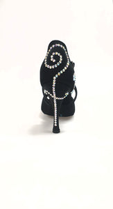 Gravity SW QC (32QC) - Women's Black Silk Satin Shoe with Swarovski Stick Design Crossed Instep Strap