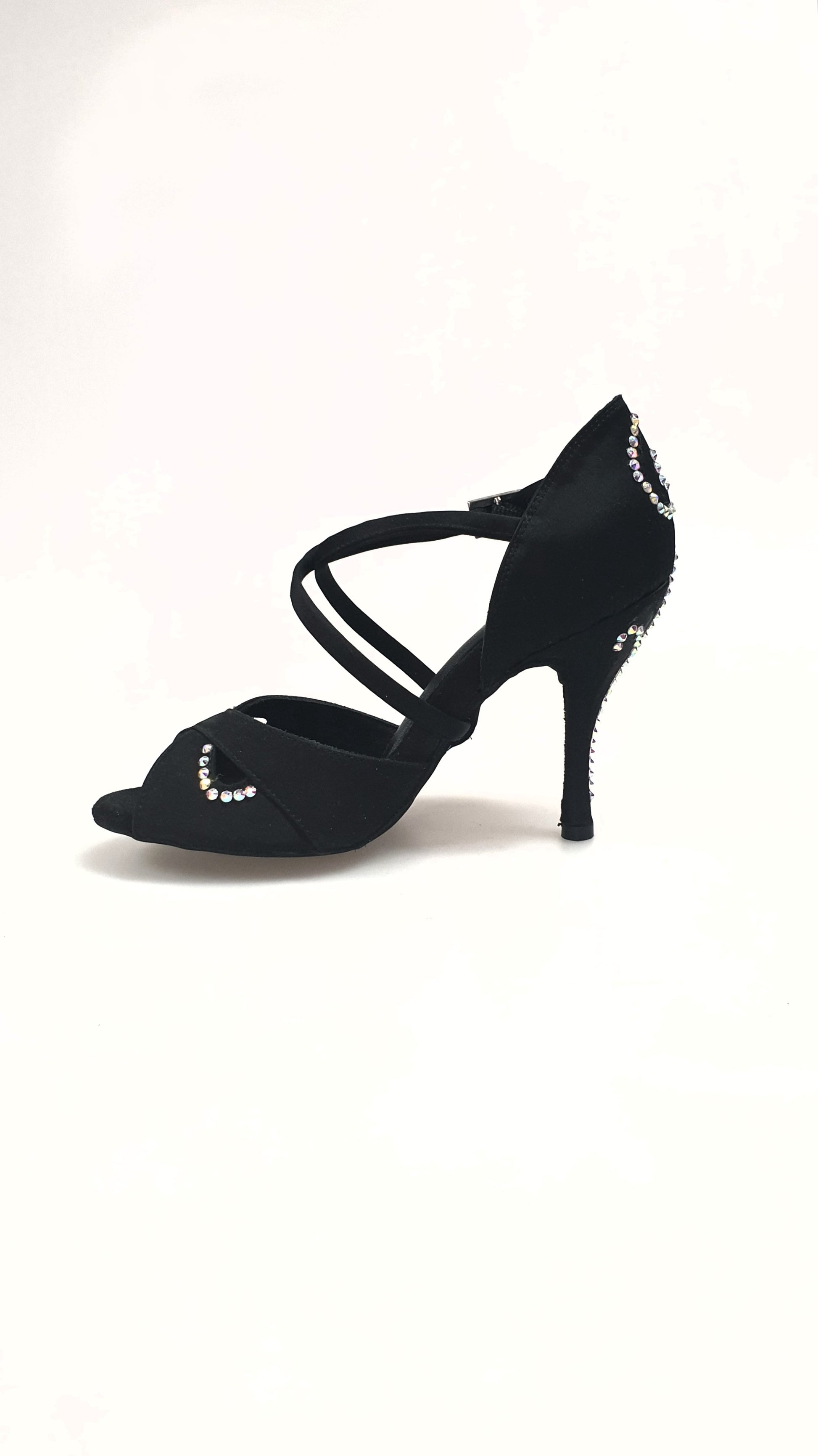 Scarpa da donna Gravity SW QC Wish Dance Shop in raso seta nero con Swarovski, cinturino incrociato e dettaglio bastone sul collopiede