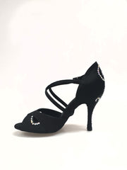 Load image into Gallery viewer, Gravity SW QC (32QC) - Women&#39;s Black Silk Satin Shoe with Swarovski Stick Design Crossed Instep Strap
