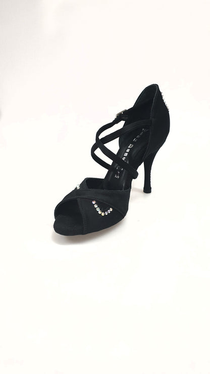 Scarpa da donna Gravity SW QC Wish Dance Shop in raso di seta nero con Swarovski, cinturino incrociato e dettaglio sul collopiede