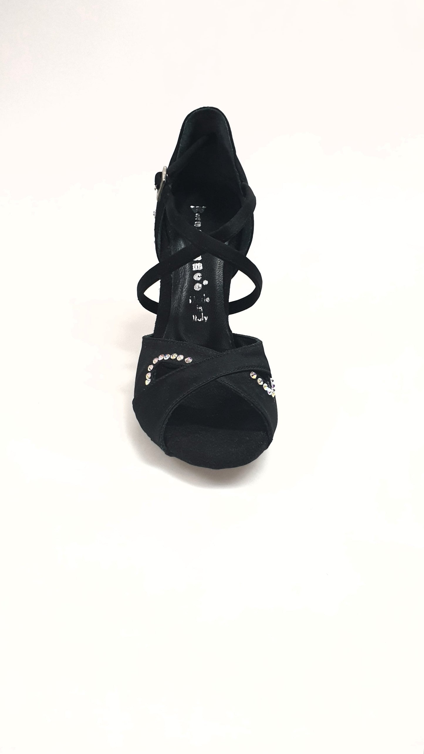 Scarpa da donna Gravity SW QC Wish Dance Shop in raso seta nero con Swarovski, cinturino incrociato sul collo del piede.