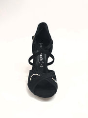 Load image into Gallery viewer, Gravity SW QC (32QC) - Women&#39;s Black Silk Satin Shoe with Swarovski Stick Design Crossed Instep Strap
