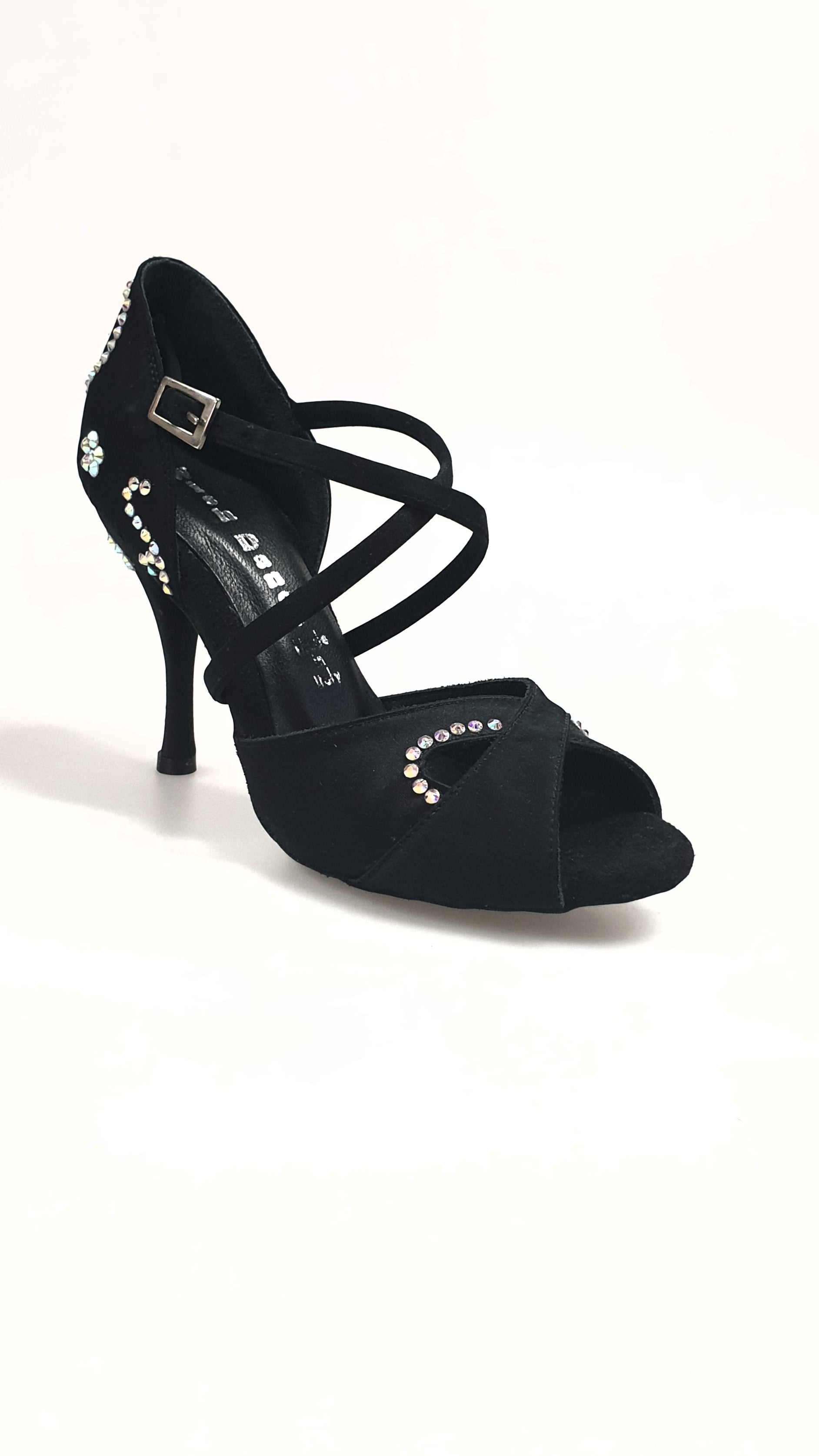 Scarpa da donna Gravity SW QC in raso di seta nero con Swarovski, cinturino incrociato sul collopiede, stile eleganza Wish Dance Shop
