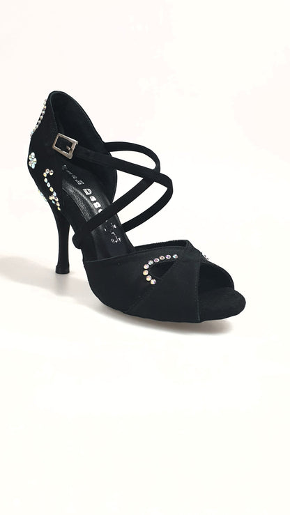 Scarpa da donna Gravity SW QC in raso di seta nero con Swarovski, cinturino incrociato sul collopiede, stile eleganza Wish Dance Shop