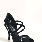 Load image into Gallery viewer, Gravity SW QC (32QC) - Women&#39;s Black Silk Satin Shoe with Swarovski Stick Design Crossed Instep Strap
