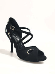 Load image into Gallery viewer, Gravity SW QC (32QC) - Women&#39;s Black Silk Satin Shoe with Swarovski Stick Design Crossed Instep Strap
