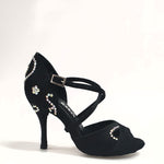 Load image into Gallery viewer, Gravity SW QC (32QC) - Women&#39;s Black Silk Satin Shoe with Swarovski Stick Design Crossed Instep Strap
