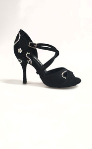 Gravity SW QC (32QC) - Women's Black Silk Satin Shoe with Swarovski Stick Design Crossed Instep Strap