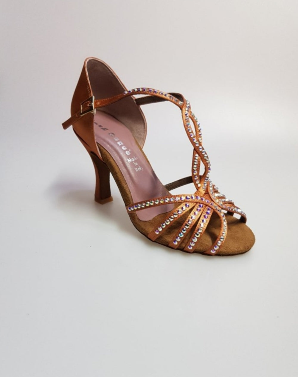 Scarpa da donna Infinity BI-Flex in raso seta bronzo con Swarovski parziali e suola extraflex per competizioni, marca Wish Dance Shop