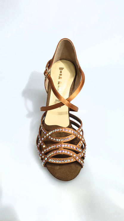 Scarpa da donna Wish Dance Shop Onda QC BI-Flex Marylu in raso seta bronzo con cinturino incrociato e tacco a rocchetto, dettagli Swarovski