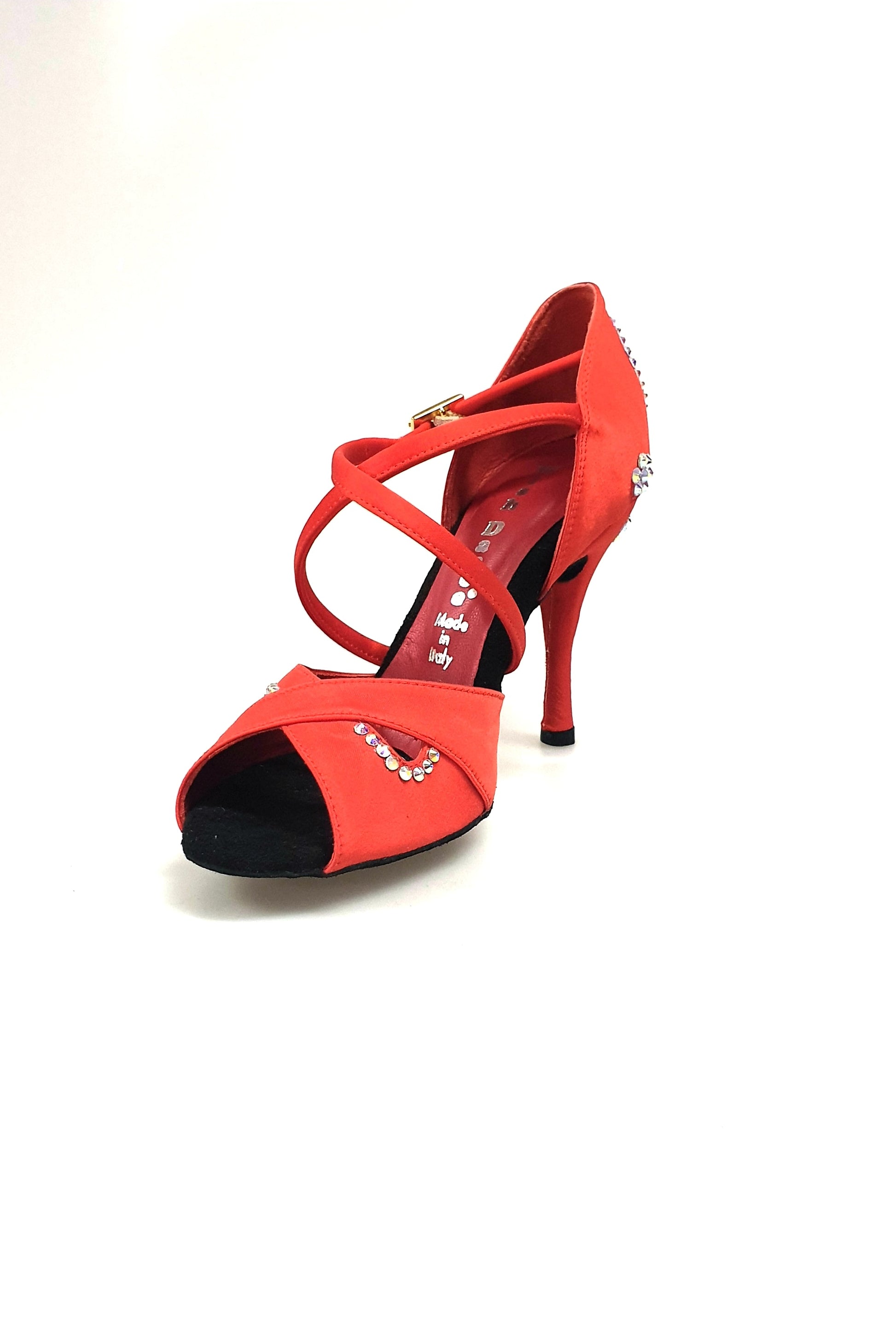 Scarpa donna Gravity SW QC Wish Dance Shop in raso seta rossa con Swarovski, cinturino incrociato e tacco elegante.