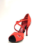 Load image into Gallery viewer, Gravity SW QC (32QC) - Women&#39;s Red Silk Satin Shoe with Swarovski Stick Design Crossed Instep Strap
